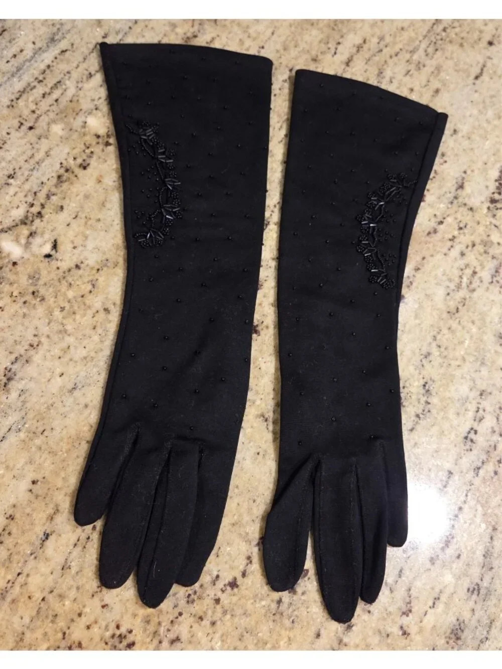 Vintage Womens One Size Stretch Nylon Black Formal Gloves Beaded 15